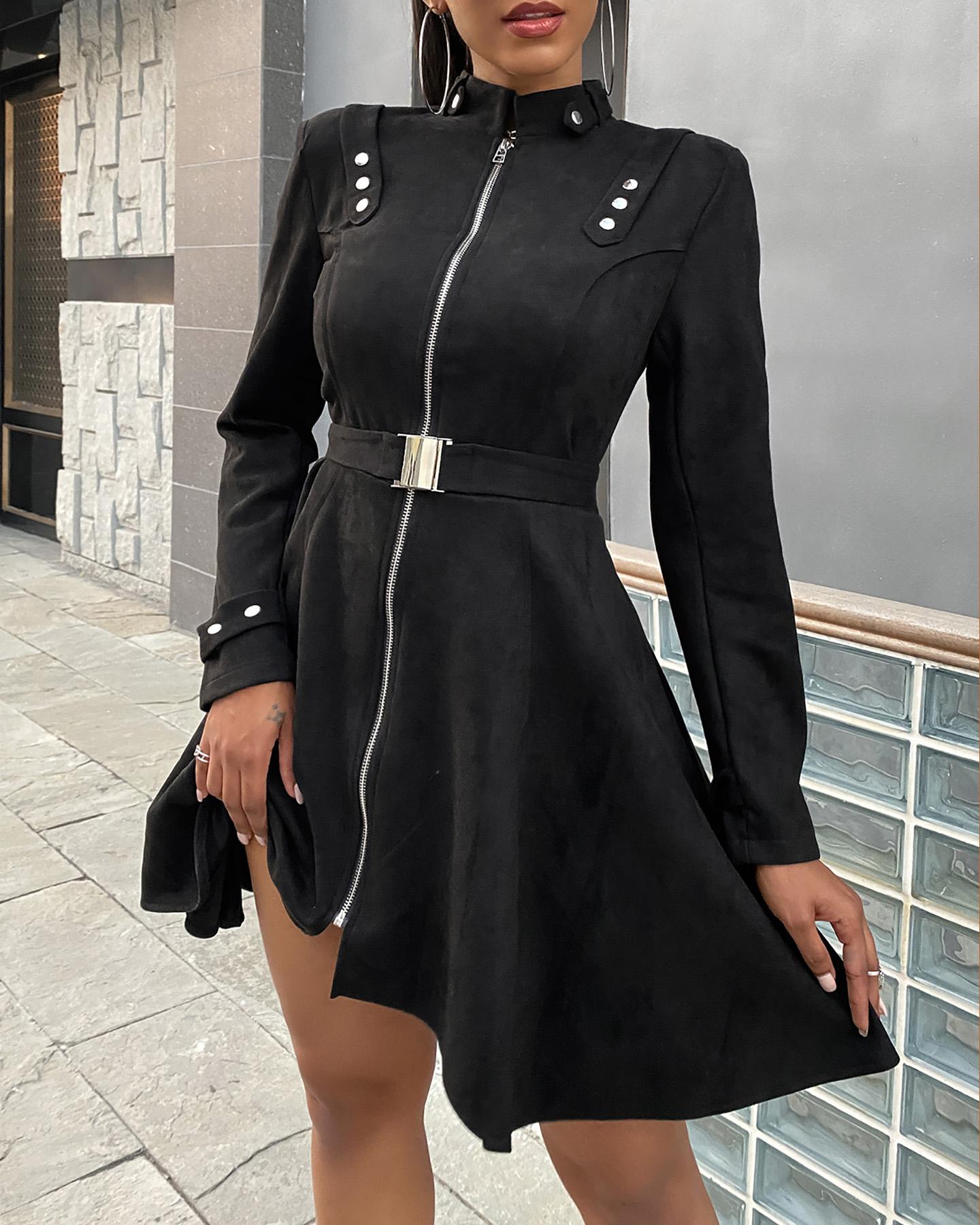 

Plain Long Sleeve Skinny Zipper Design Mini Dress, Black