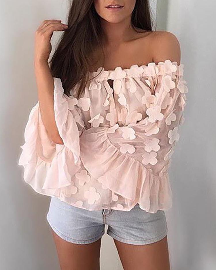 

Stylish Off Shoulder Flared Splicing Blouse, Pink