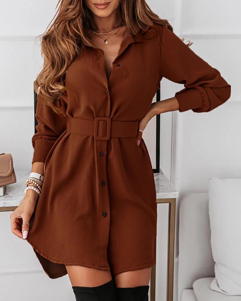 

Long Sleeve Button Decor Shirt Dress With Belt, Coffee