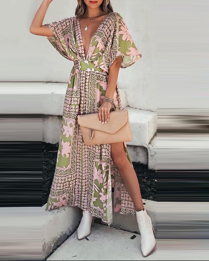 

Floral Print Colorblock High Slit Maxi Dress, Pink
