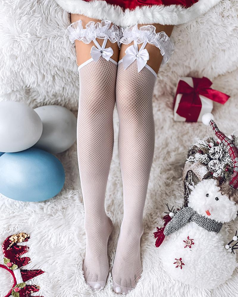 

1Pair Frill Hem Bowknot Design Stockings, White
