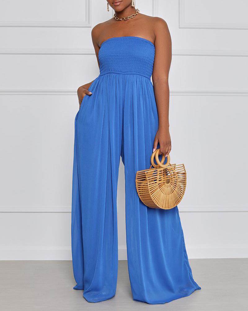 

Ruched Bandeau Shirred Wide Leg Jumpsuit, Blue