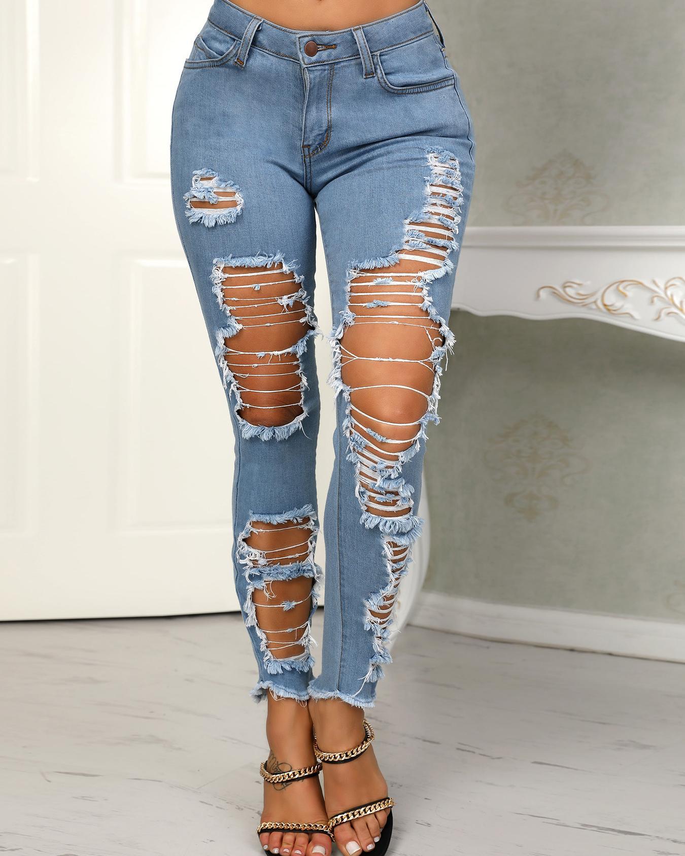 

Holey Frayed Hem Distressed Pencil Jeans, Blue