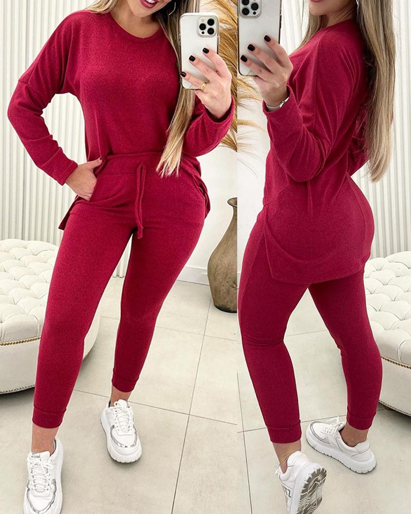 

Long Sleeve Top & Drawstring Pants Set, Red