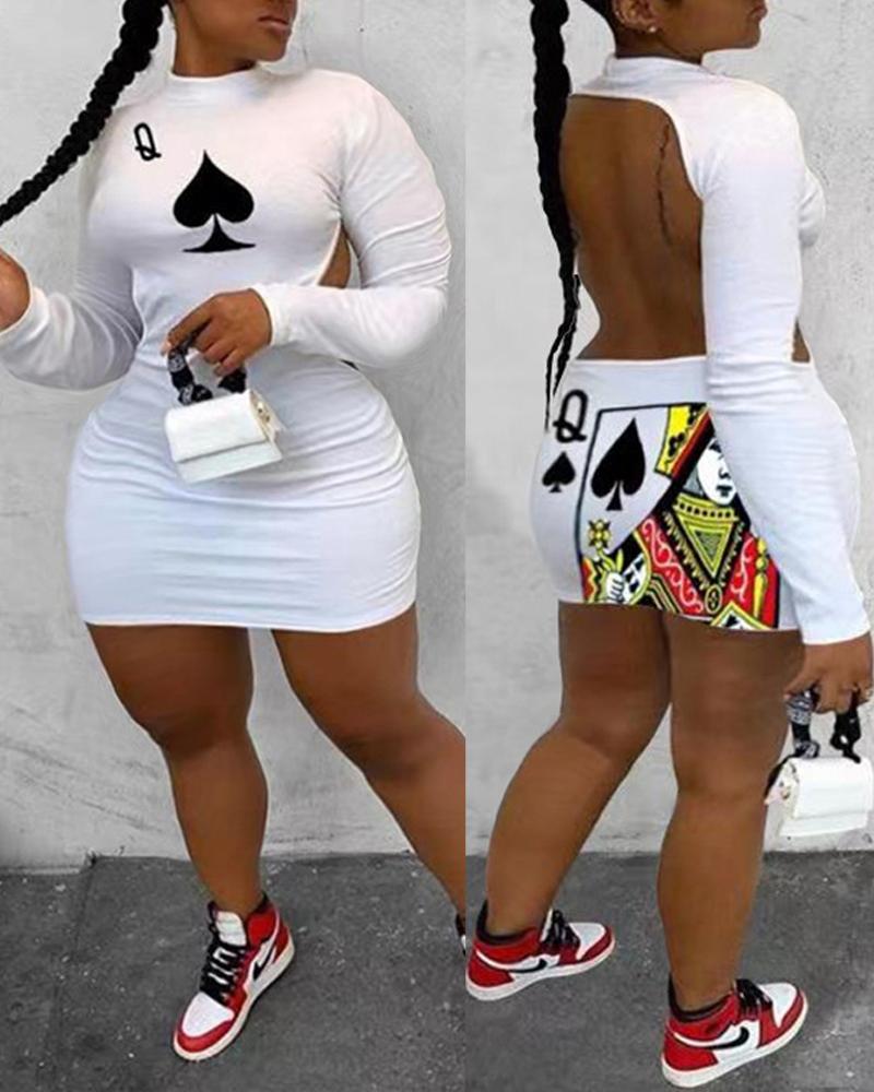

Plus Size Poker Print Backless Long Sleeve Dress, White