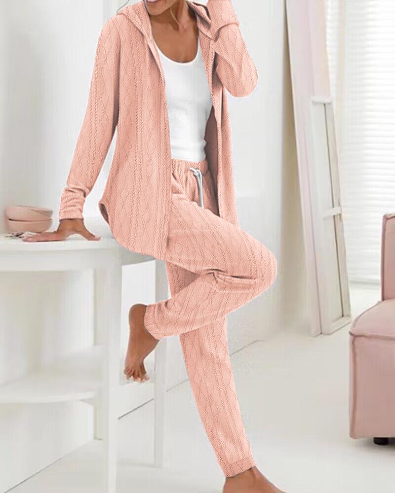 

Cable Textured Hooded Top & Drawstring Pants Set, Pink