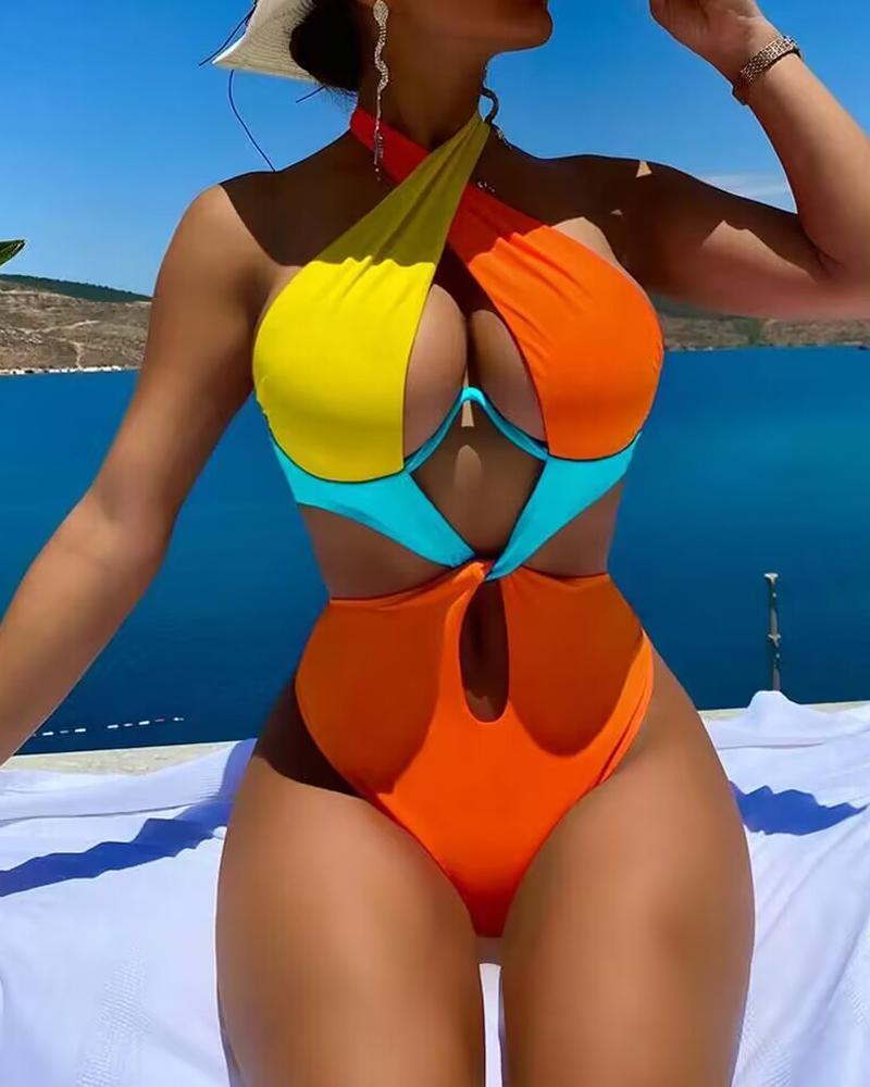 

Colorblock Cutout Backless Halter One-Piece Swimsuit, Orange