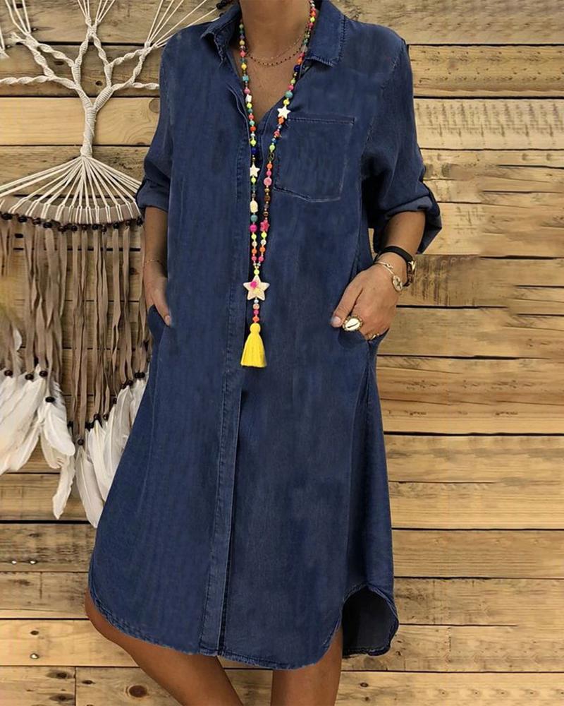 

Long Sleeve Button Down Denim Dress, Dark blue