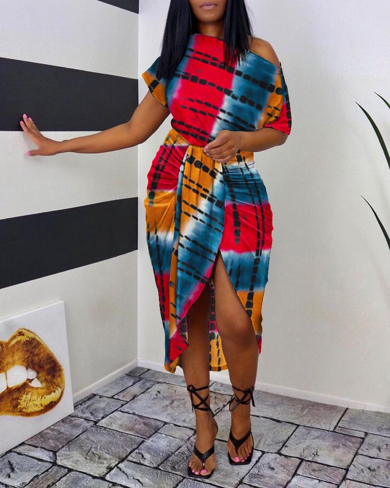 

Tie Dye Print Ruched Slit Casual Dress, Multicolor