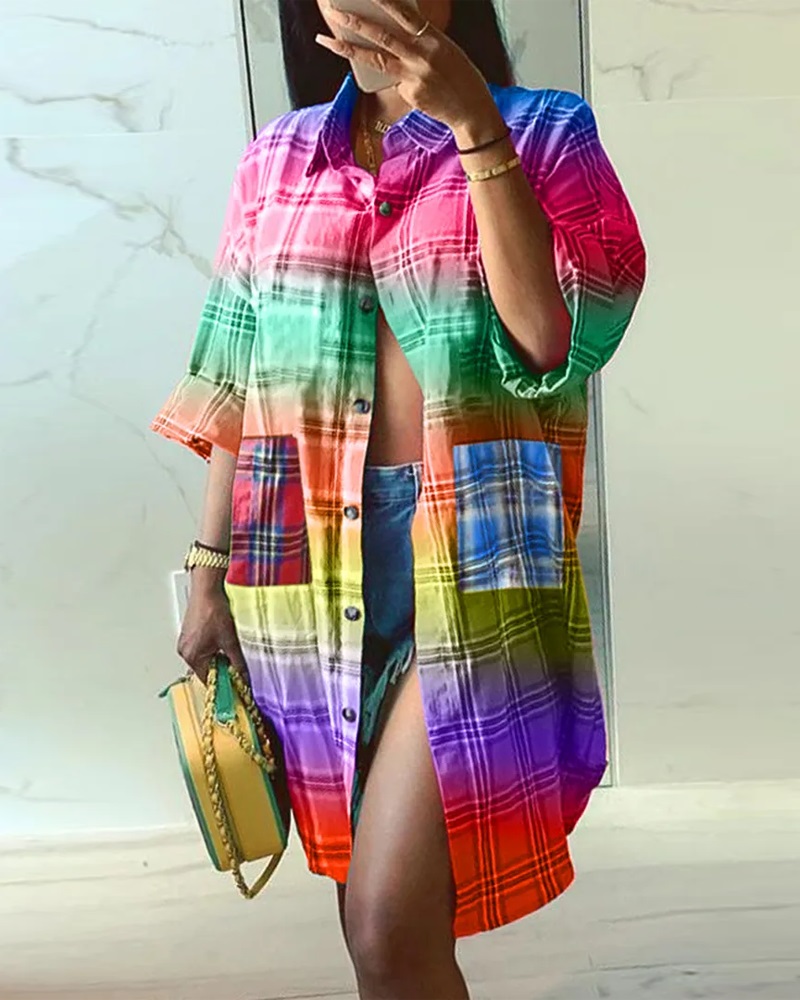 

Plaid Print Button Down Longline Shirt, Multicolor