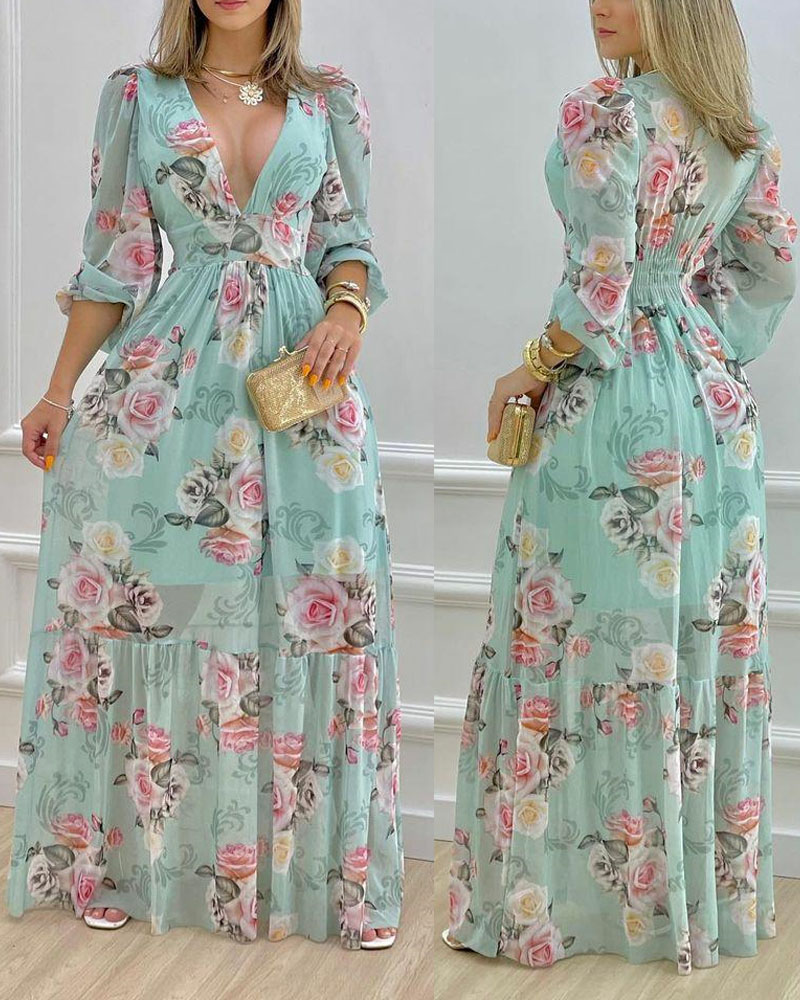

Lantern Sleeve Floral Print Maxi Dress, Green