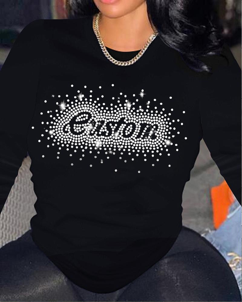 

Plus Size Rhinestone Letter Pattern Casual Top, Black