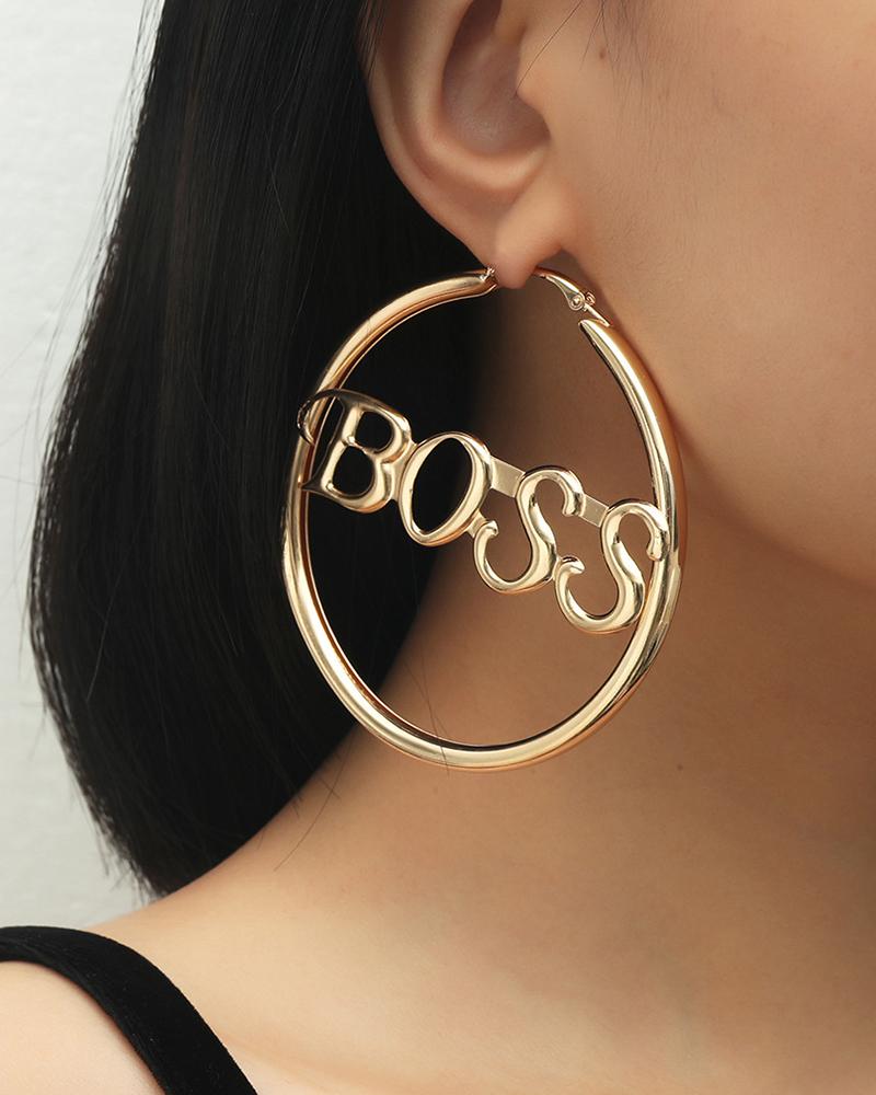 

1Pair Letter Pattern Exaggerated Big Circle Hoop Earrings, Gold