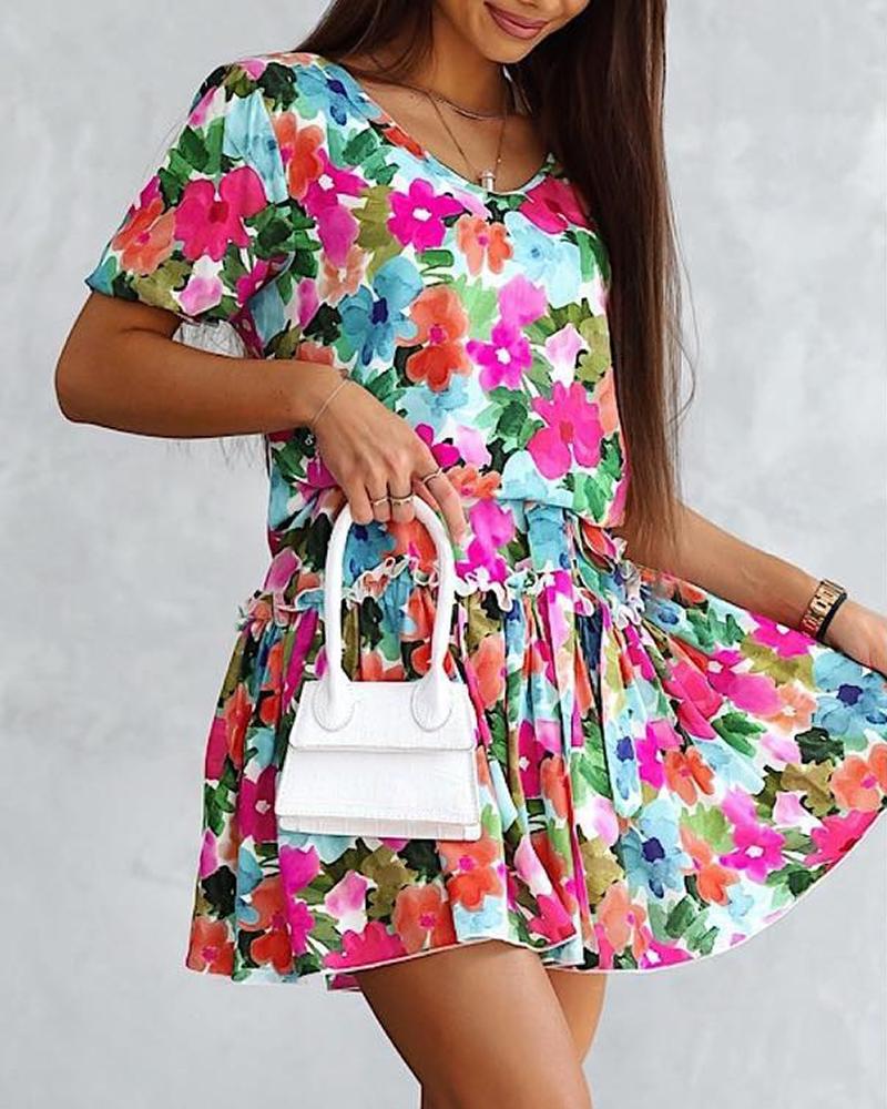 

Frill Hem Floral Print Short Sleeve Casual Dress, Multicolor