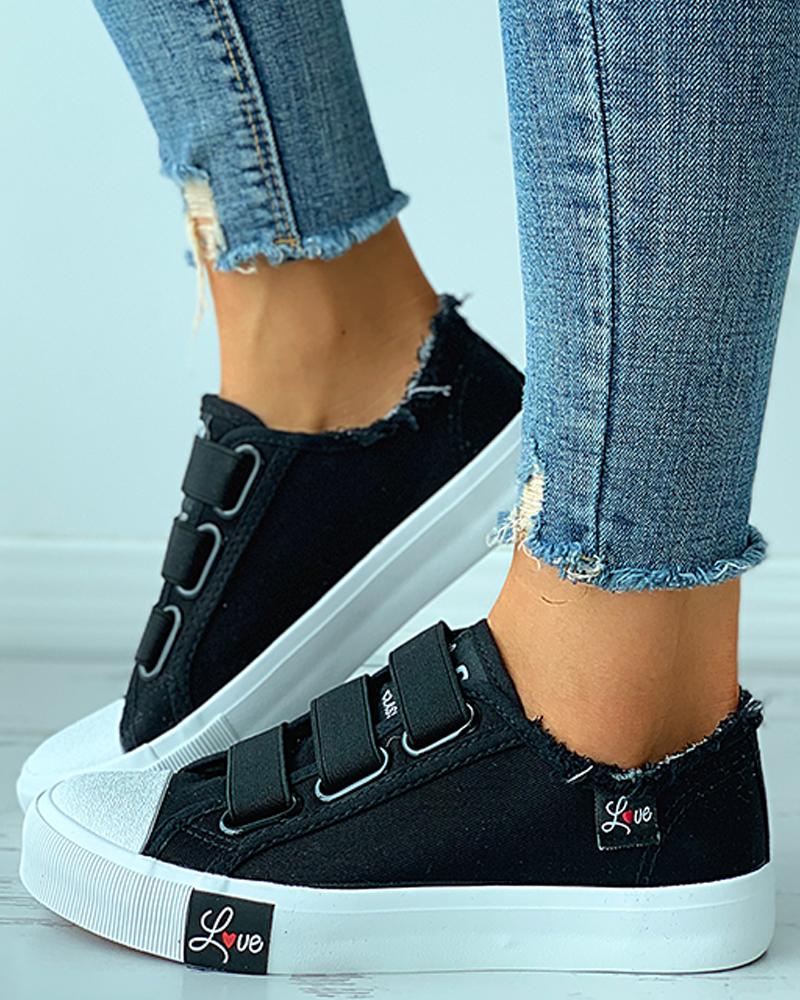 

Velcro Fringe Hem Casual Canvas Shoes, Black