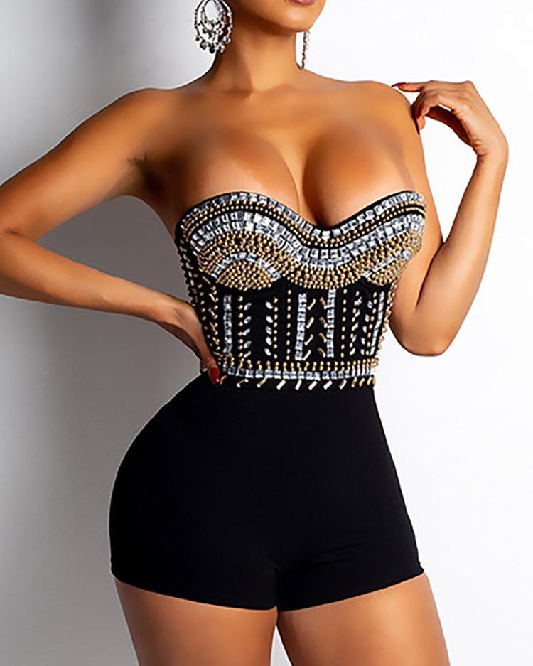 

Studded Rhinestone Patch Bandeau Backless Romper, Black