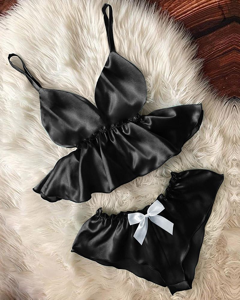 

Ruffles Bowknot Decor Spaghetti Strap Lingerie Set, Black