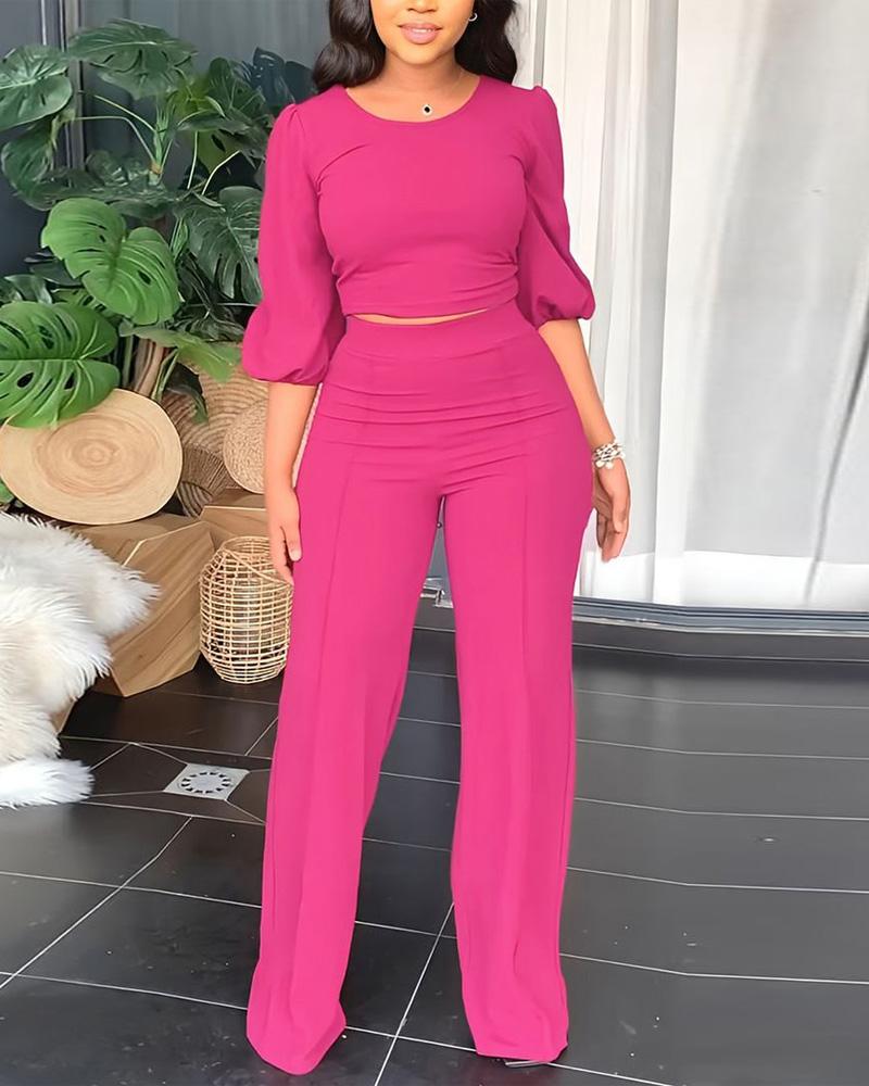

Round Neck Lantern Sleeve Top & Pants Set, Hot pink