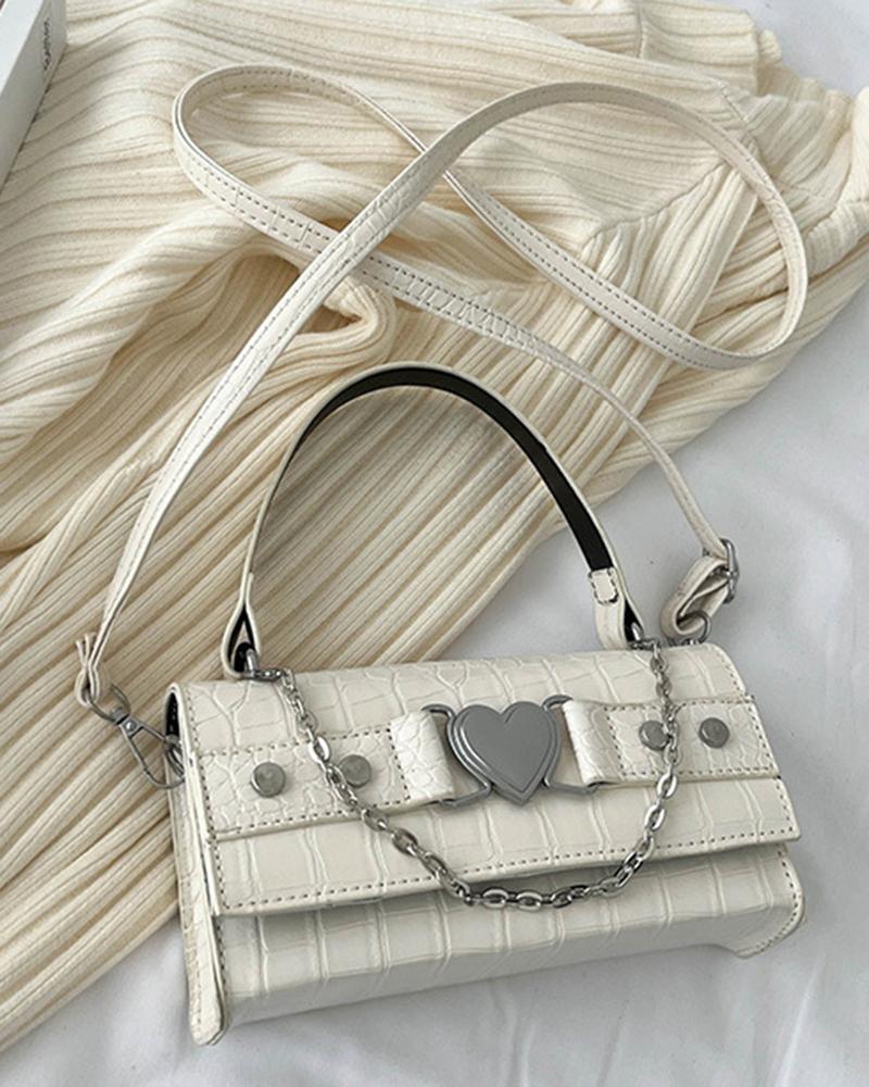 

Chain Decor Heart Belted Rectangular Satchel Bag, Beige