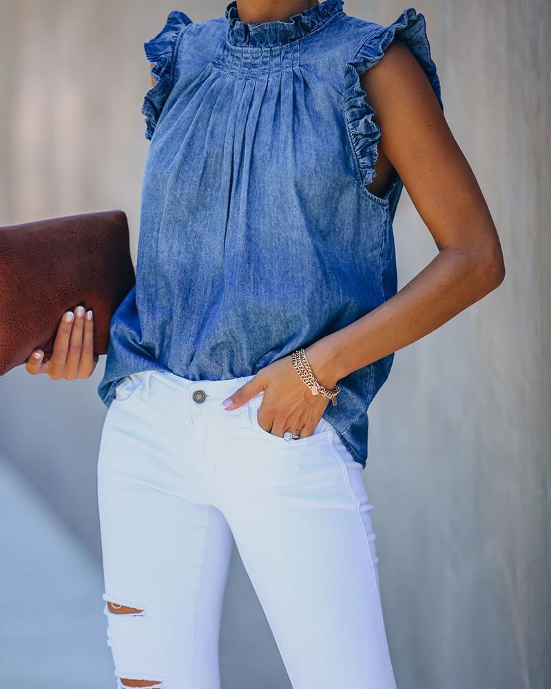 

Ruffles Back Button-up Denim Women Top, Blue