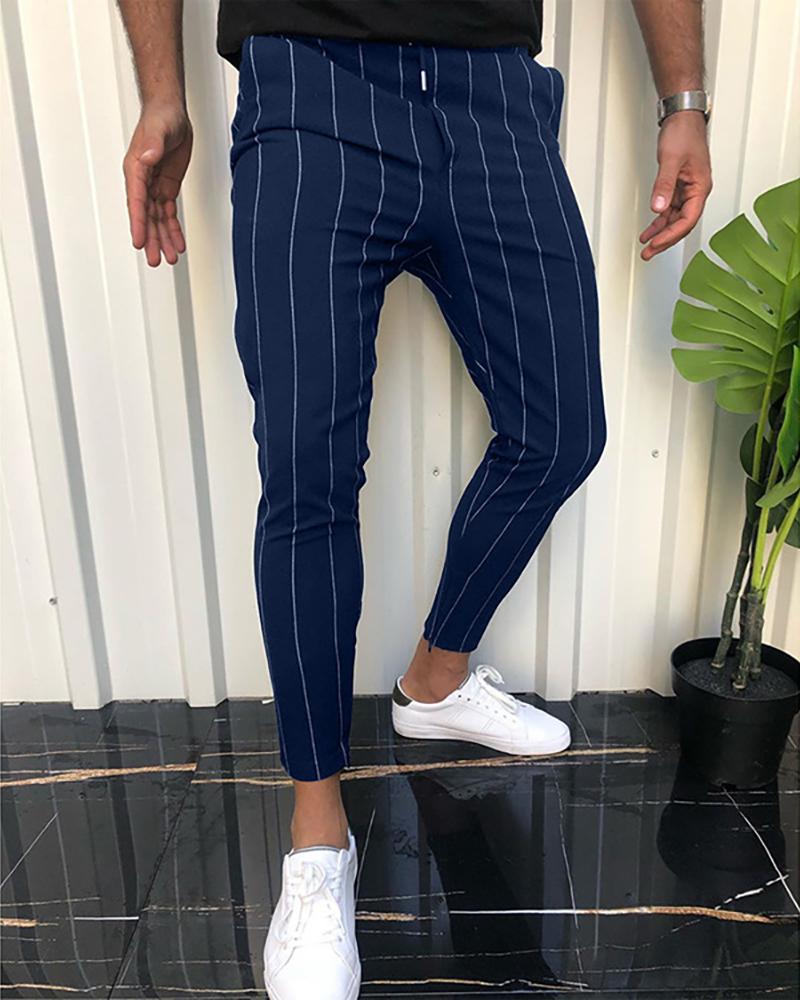 

Men Striped Print Pencil Pants, Dark blue