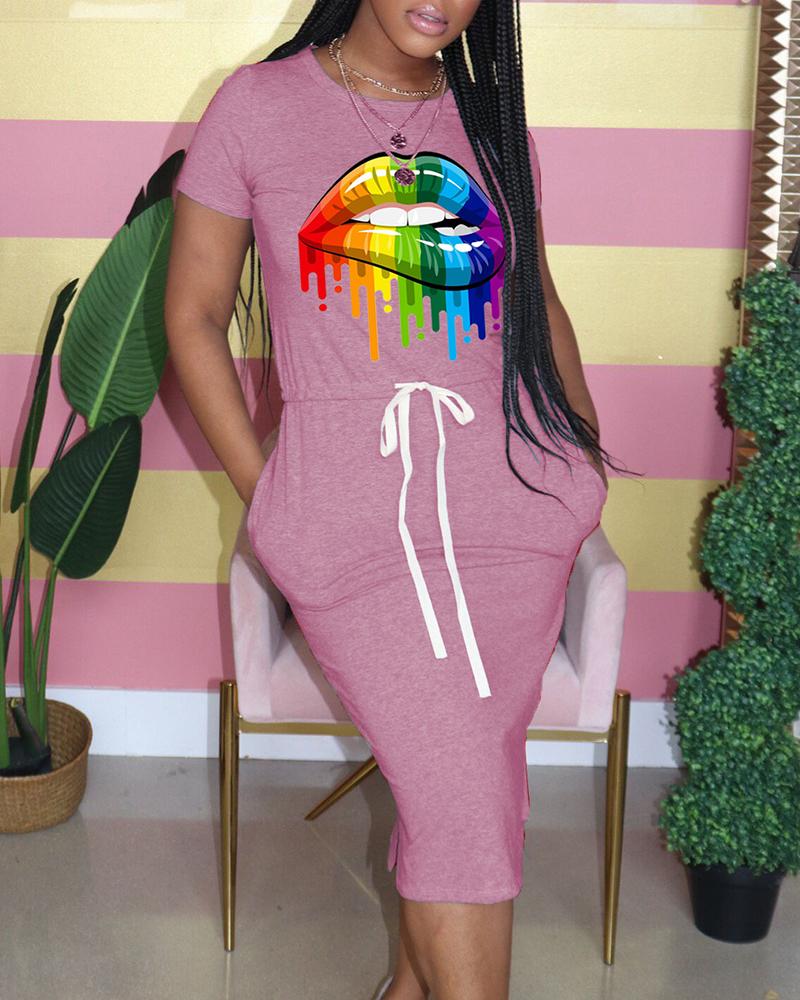 

Lip Print Pocket Design Drawstring Casual Dress, Pink
