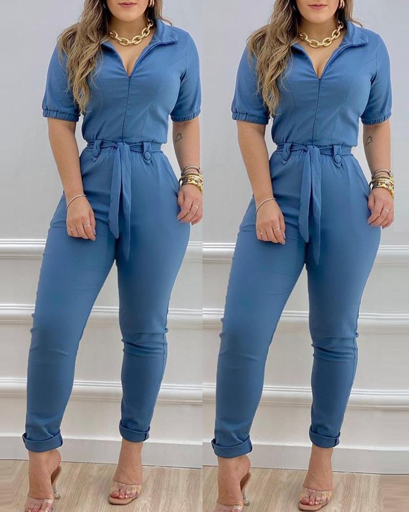 

Short Sleeve Tied Detail Casual Jumpsuit, Blue