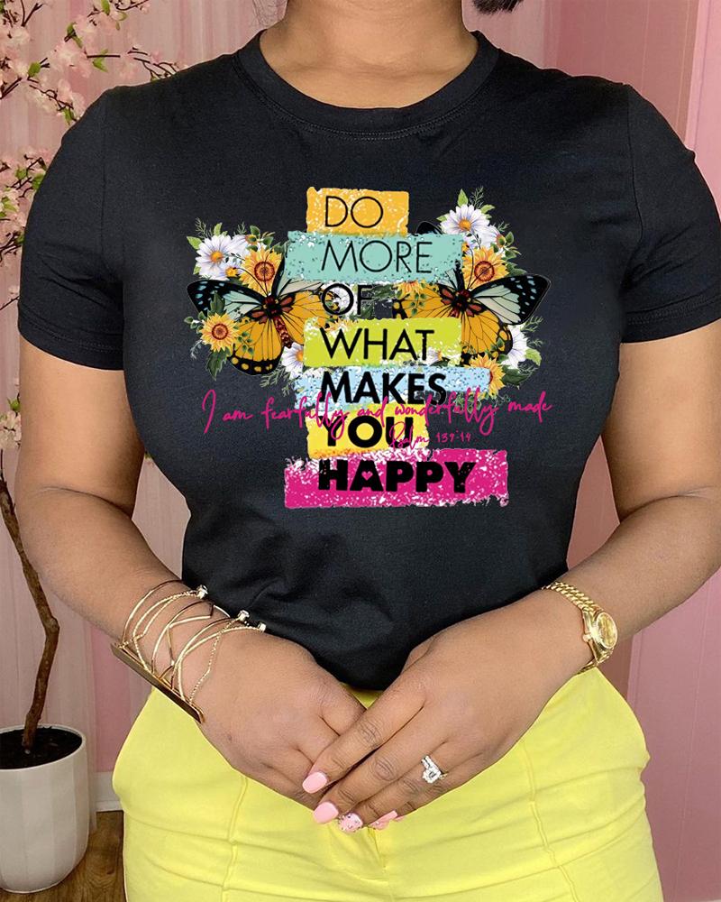 

Butterfly Letter Print Short Sleeve Casual T-shirt, Black