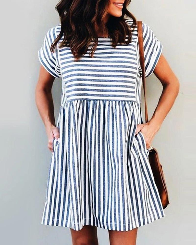

Striped Pocket Design Short Sleeve Dress, Blue