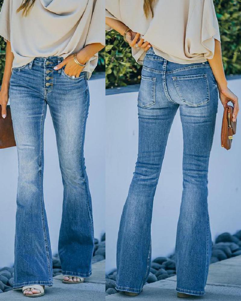 

Button Fly Flared Leg Jeans, Blue