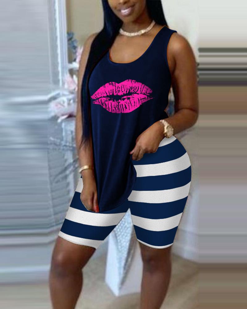 

Mouth Print Casual Loose Blouse & Stripe Print Pants Sets, Purplish blue