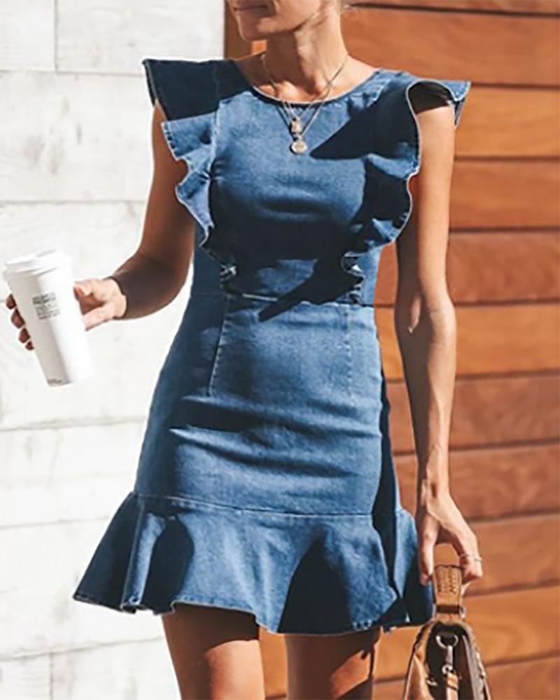 

Ruffle Hem O Neck Skinny Denim Dress, Blue