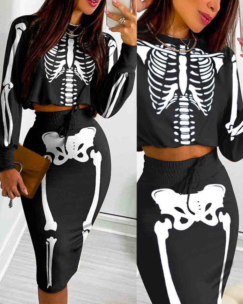 

Halloween Skeleton Print Crop Top & Drawstring Skirt Set, Black