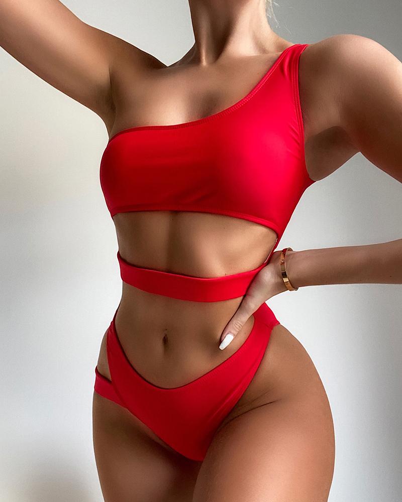 

Sleeveless One Shoulder Cutout Bikini Set, Red