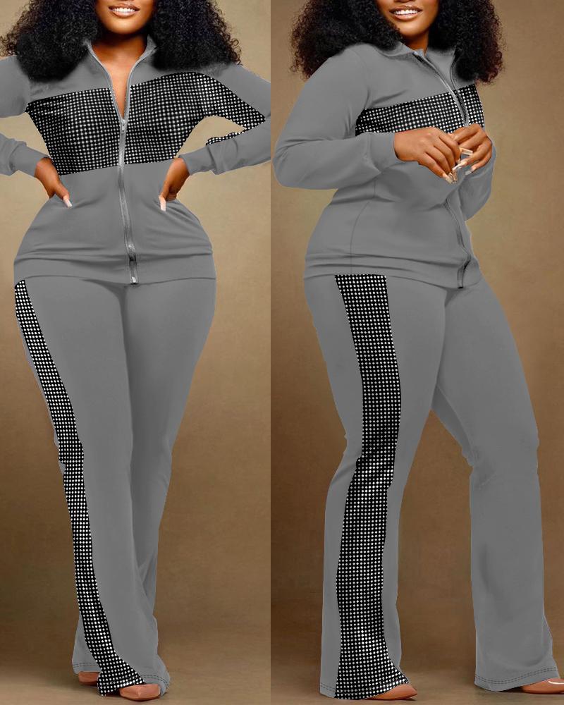 

Plus Size Colorblock Zipper Design Top & Pants Set, Gray