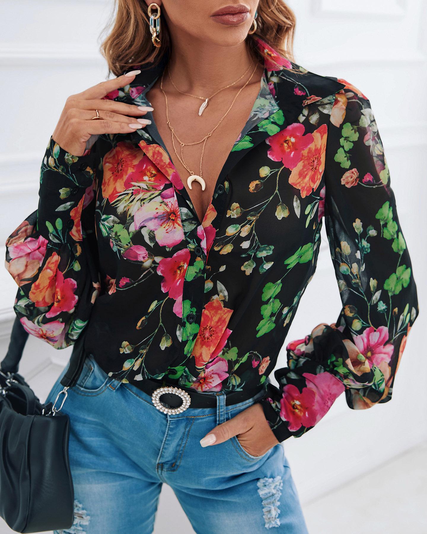 

Floral Print Plunge Lantern Sleeve Top, Black