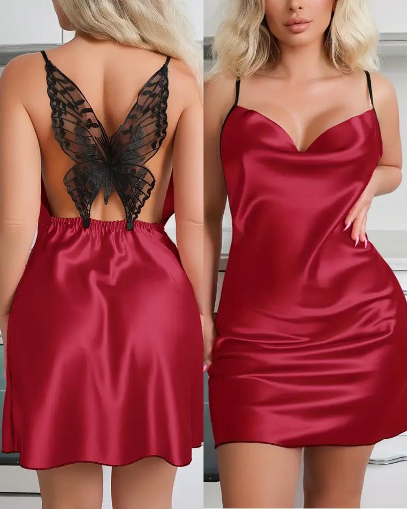 

Contrast Lace Butterfly Cowl Neck Spaghetti Strap Satin Sleep Dress Sexy Slim Fit Babydoll, Red