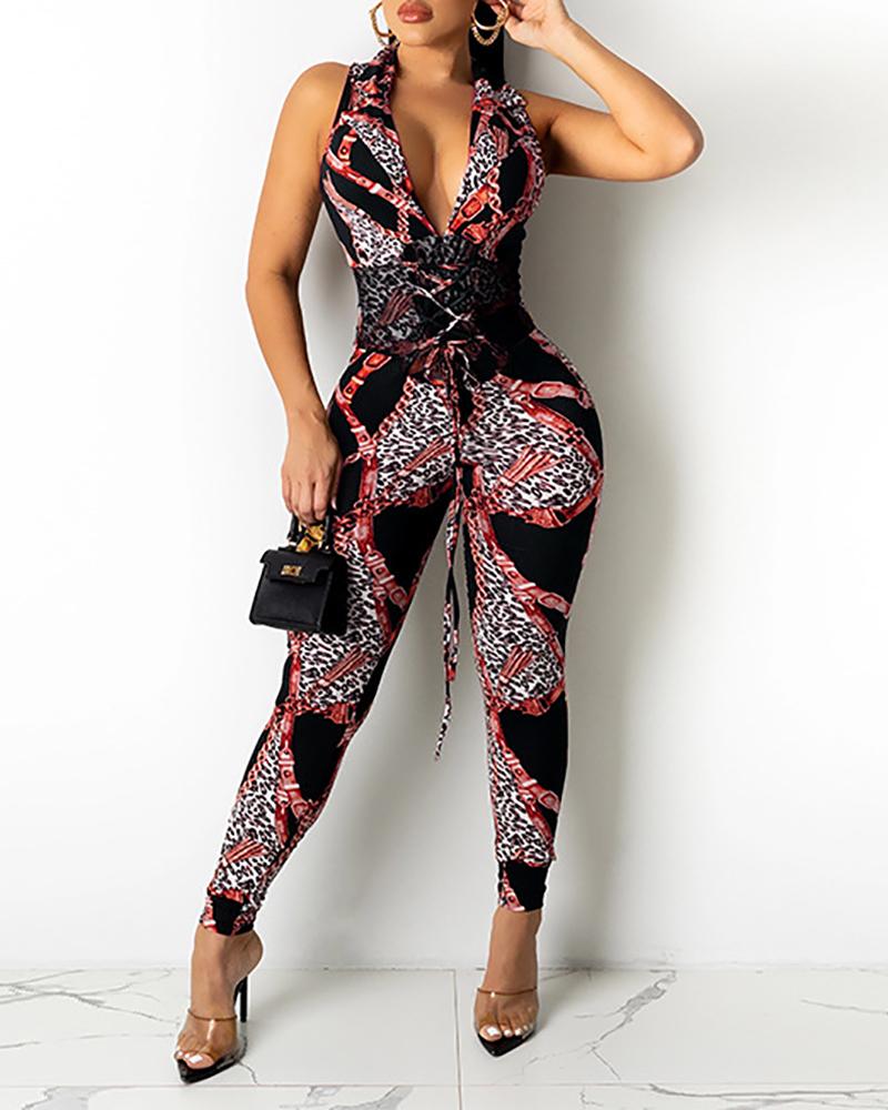 

Cheetah Scarf Print V-Neck Lace-up Jumpsuit, Red