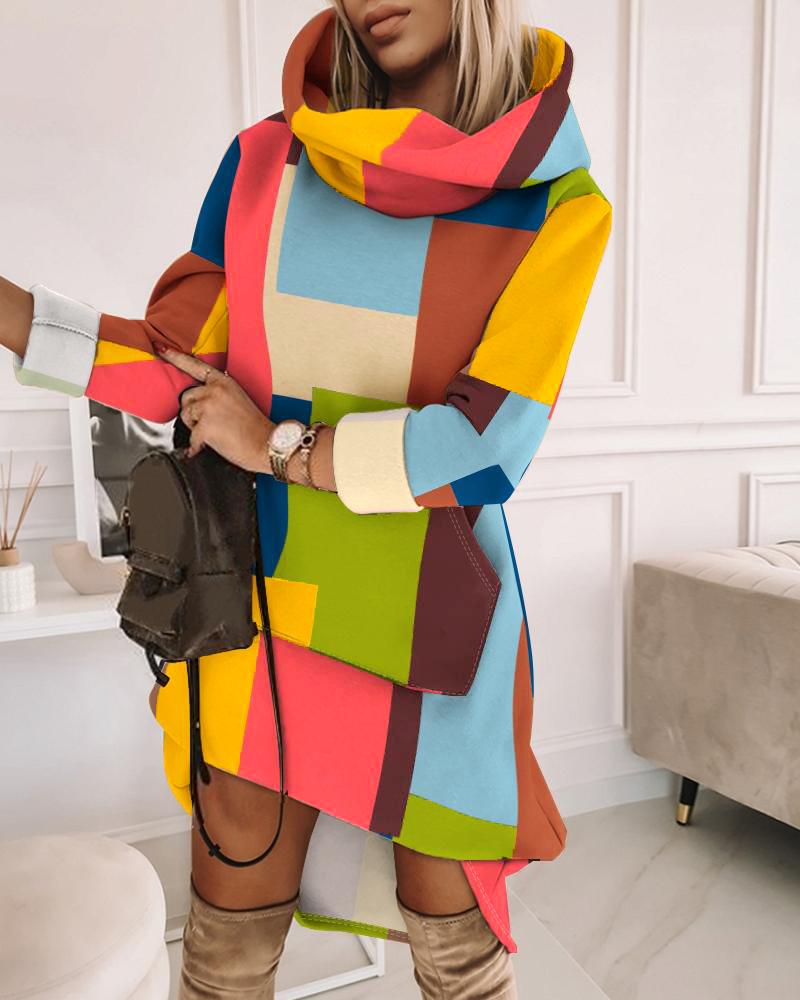 

Geometric Print Dip Hem Hooded Casual Dress, Multicolor