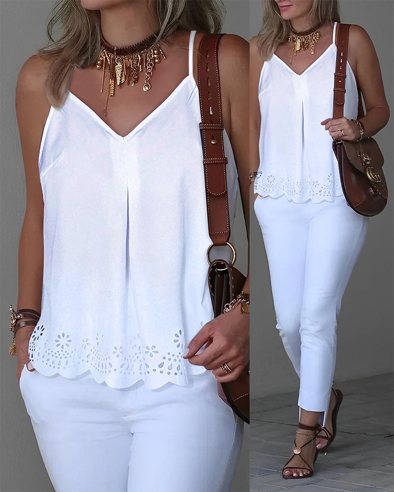 

Hollow Out Spaghetti Strap Flowy Top, White