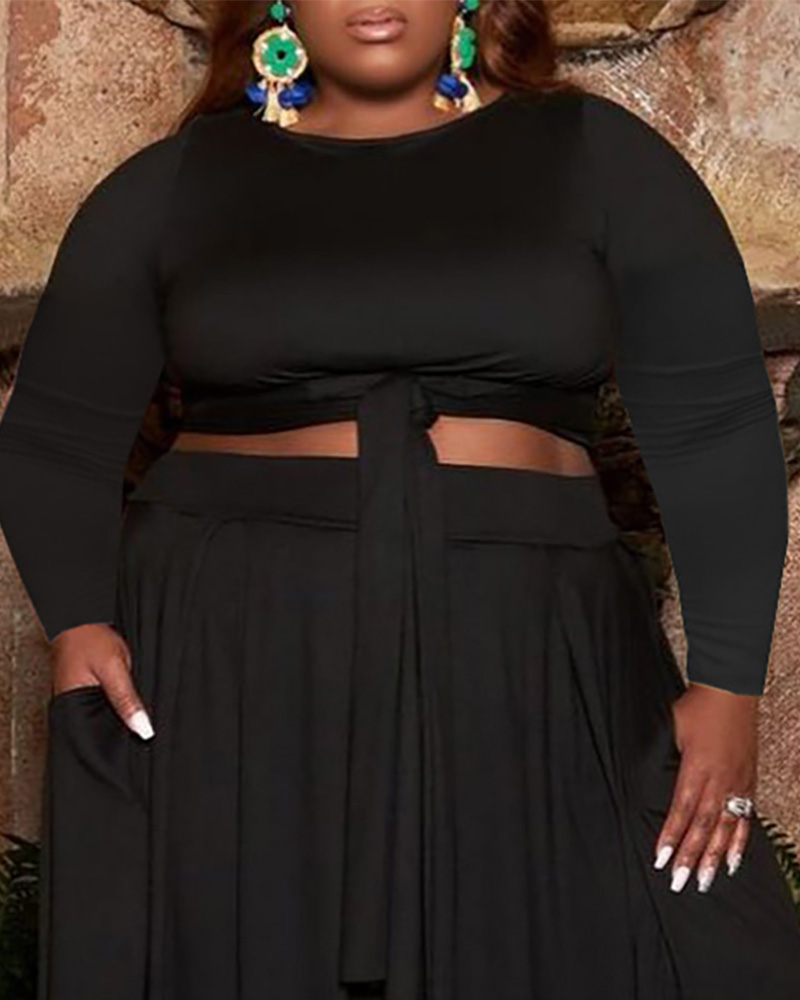 

Plus Size Tied Detail Top & Pocket Design Skirt Set, Black