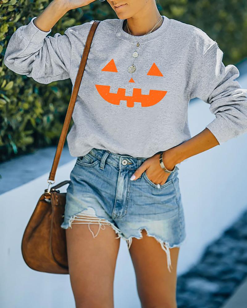 

Halloween O Neck Graphic Print Sweatshirt, Gray