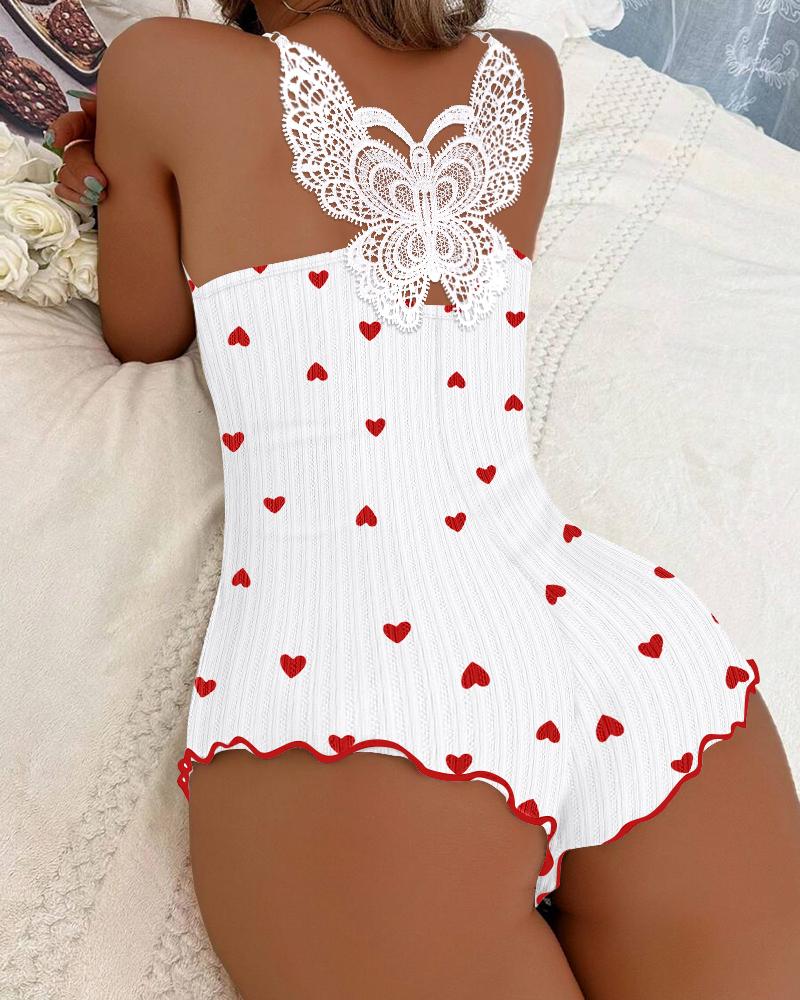 

Butterfly Pattern Heart Print Contrast Lace Pajama Romper, White