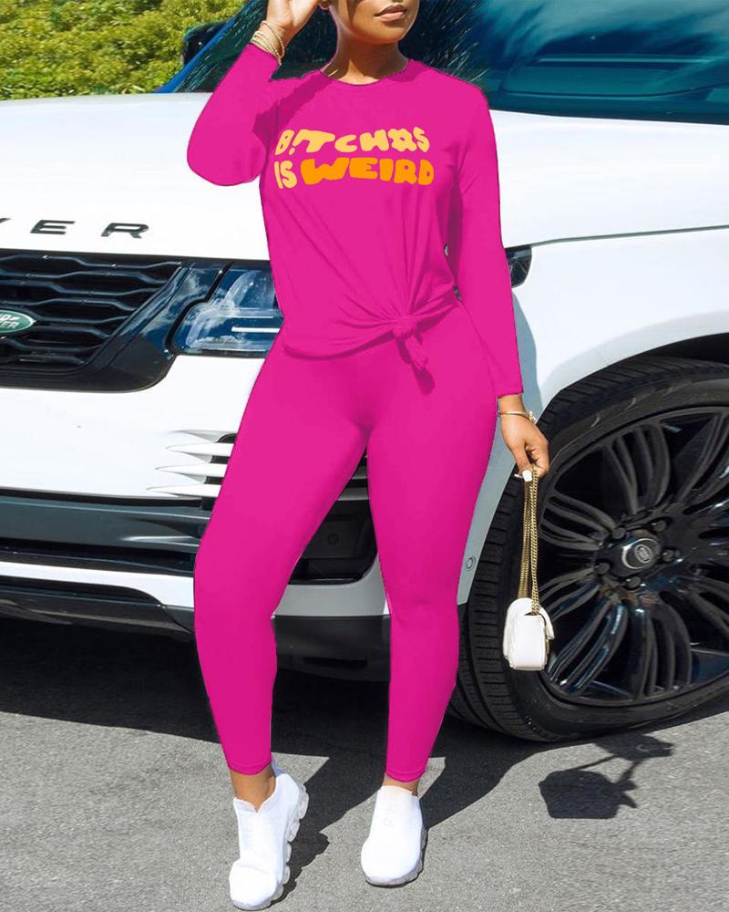 

Letter Print Long Sleeve Top & Pants Set, Hot pink