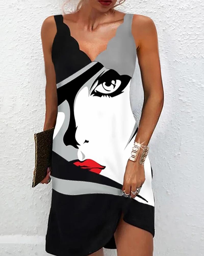 

Scallop Neck Figure Print Casual Dress, Black