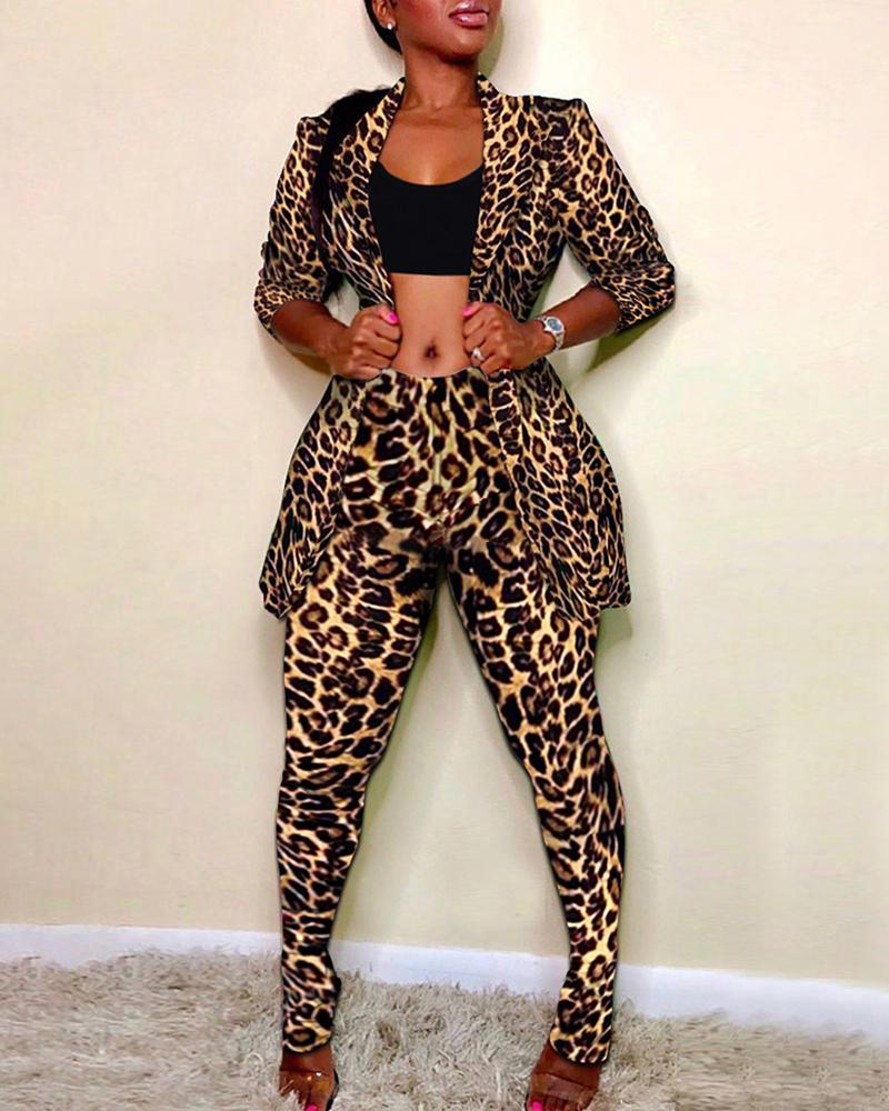 

Print Notched Collar Blazer & Pants Sets, Leopard