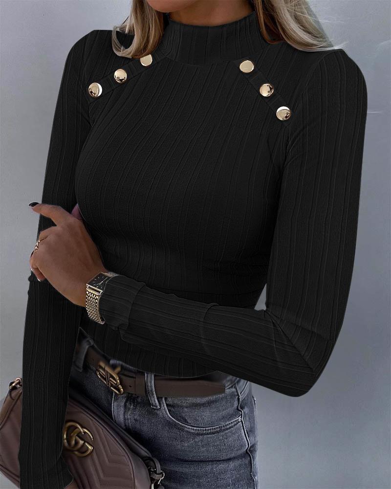 

Button Decor Long Sleeve Ribbed Top, Black