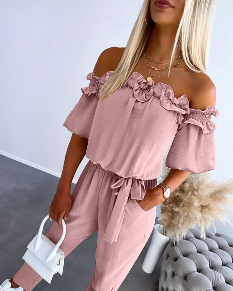 

Off Shoulder Frill Hem Tied Detail Jumpsuit, Pink