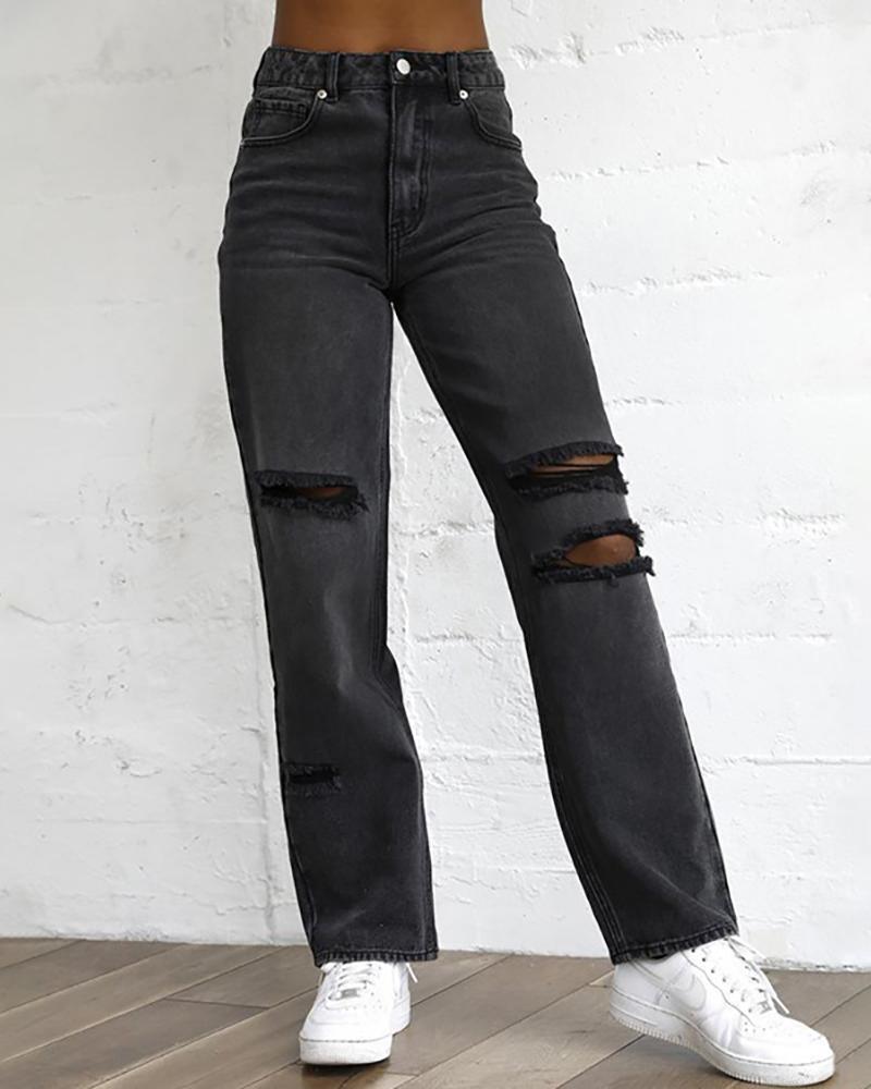 

Ripped Cutout Single Button Jeans, Black