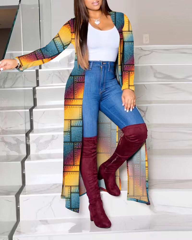 

Denim Look Print Rainbow Ombre Longline Coat, Multicolor